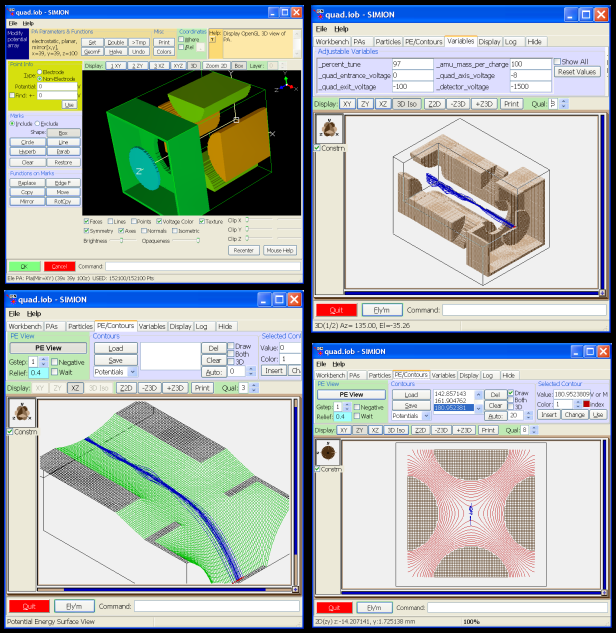 SIMION 8 screenshots of quadrupole example showing model, fields, trajectories