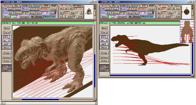 dinosaur model imported into SIMION (3D and YZ views)