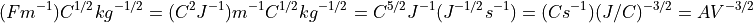 (F m^{-1}) C^{1/2} kg^{-1/2} = (C^2 J^{-1}) m^{-1} C^{1/2} kg^{-1/2} = C^{5/2} J^{-1} (J^{-1/2} s^{-1}) = (C s^{-1}) (J/C)^{-3/2} = A V^{-3/2}