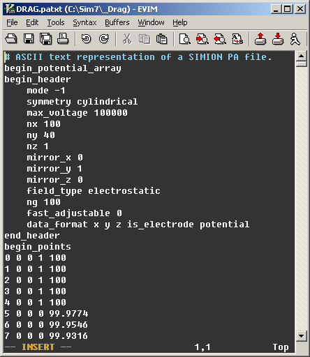 view of DRAG.patxt file showing PA header info and info on each electrode point