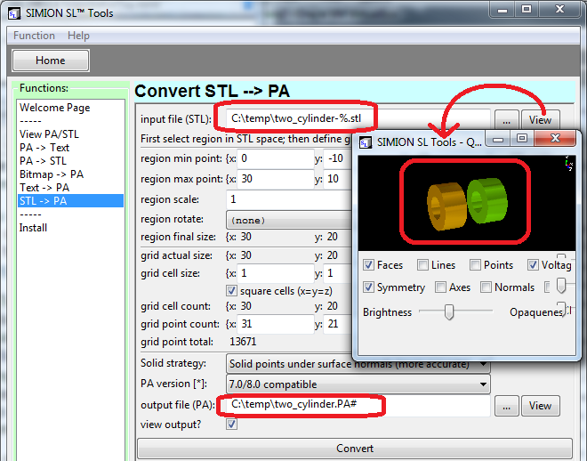 Importing multiple electrodes (two_cylinder-1.stl and two_cylinder-2.stl) simultaneously by specifying two_cylinder-%.stl as the input file name.