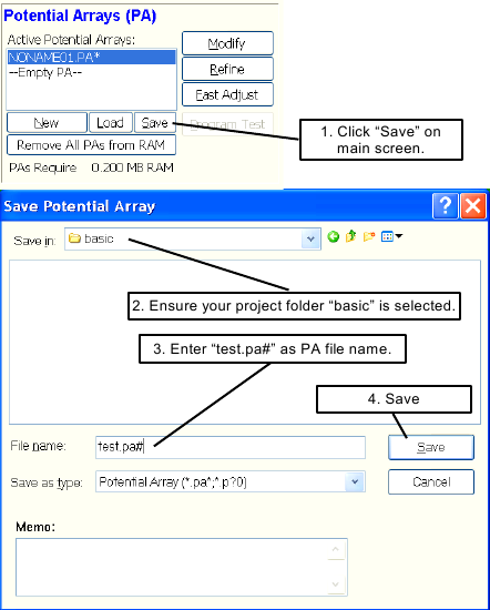 Steps to save potential array as text.pa# in the basic project folder.